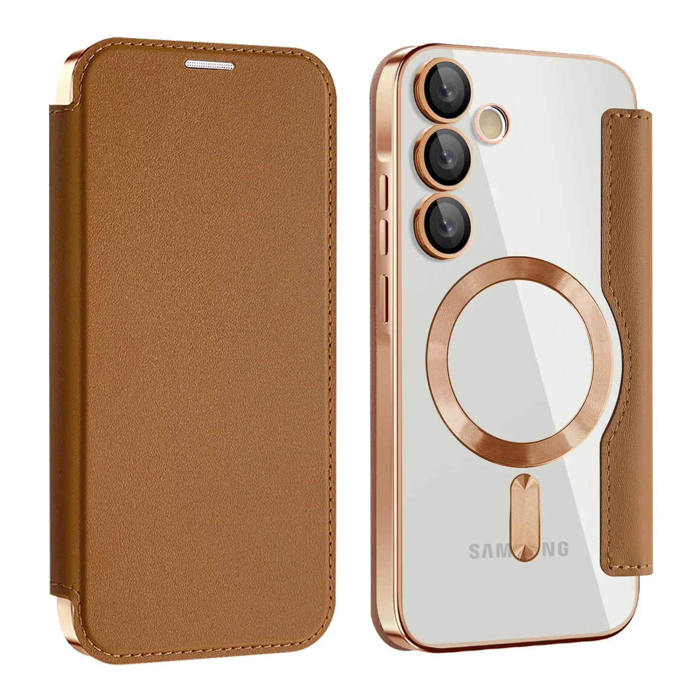 Electroplated Flip Leather Card Case with MagSafe Wireless Charging Protection