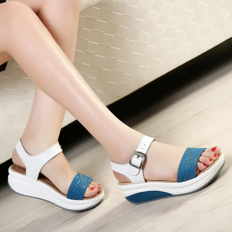 

Summer Sandals Women's Genuine Leather Direct-Sale Wedge Mid Heel Sandals Peep Toe Platform Height Increasing Rocking Shoes