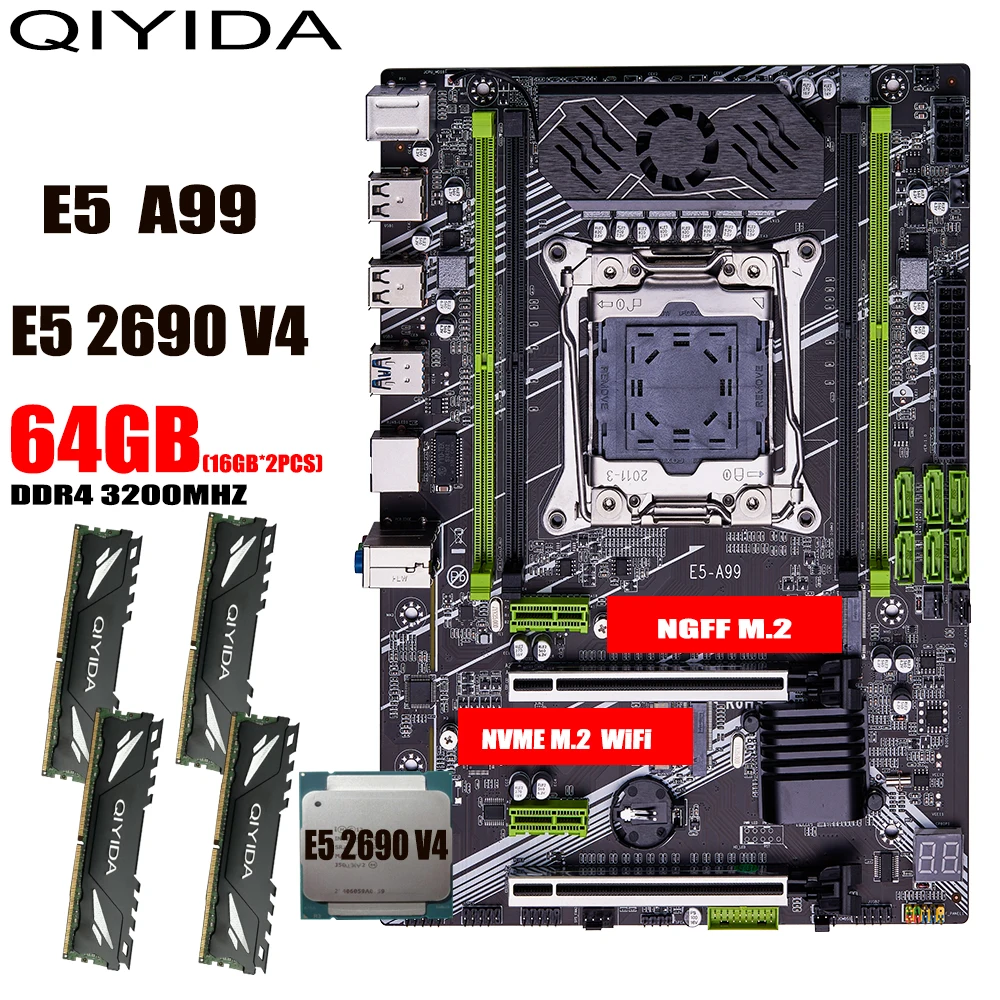 QIYIDA-X99-motherboard-set-kit-xeon-LGA2011-3-E5-2690-V4-64GB-4-16gb ...