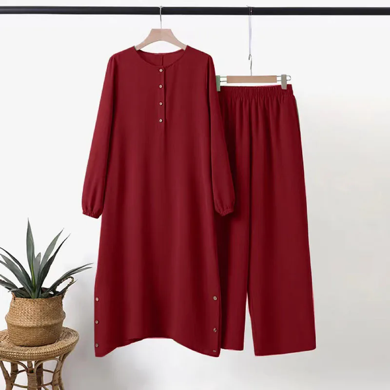 Women's Muslim Two Piece Set Fashion Elegant Solid Colour Irregular Long Shirt Top Wide Leg Pants Robe Abaya Muslim Woman Dubai 5
