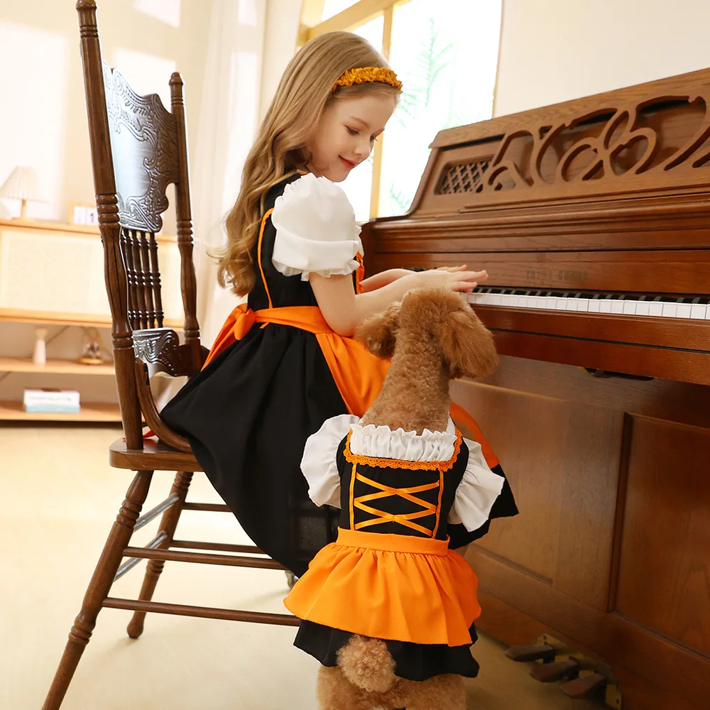 German Beer Festival girls' performance costume Halloween pet dog cosplay Costume orange set for Kid girls and pet
