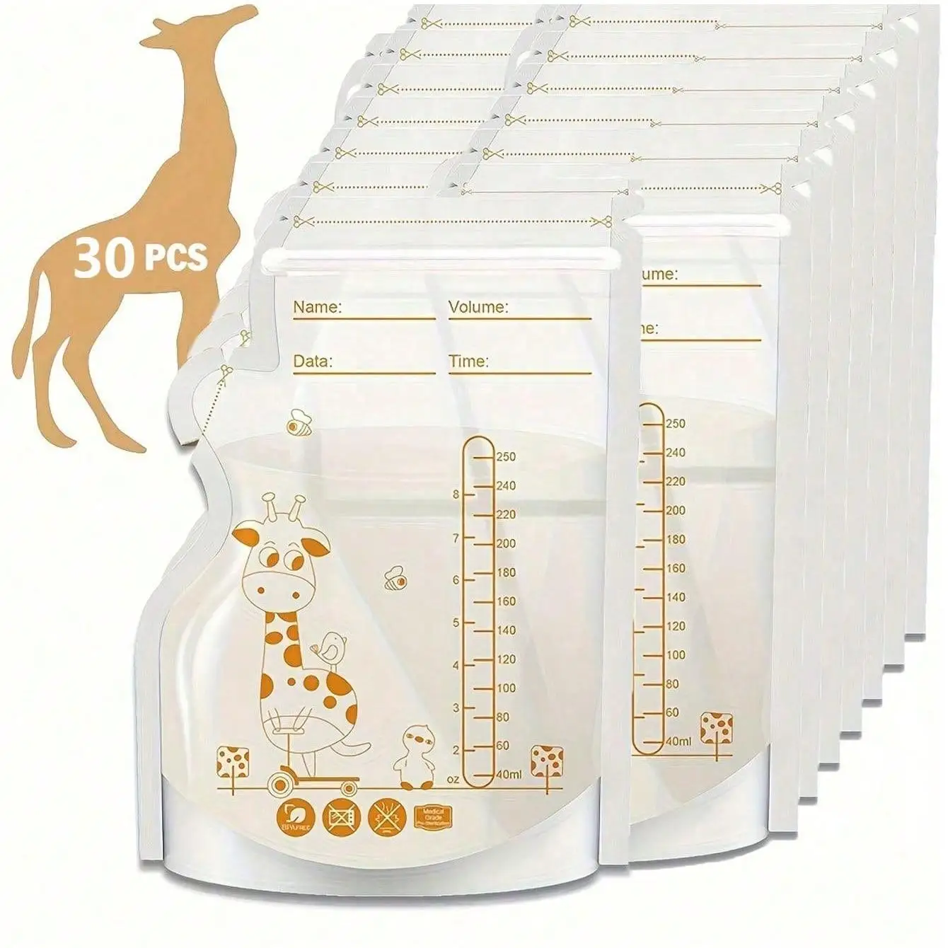 30pcs/8oz Breastmilk Storage Bags Bpa-Free, Breastfeeding Milk Storage Bags With Pour Spout And Stand-Up, Flat Space Saving
