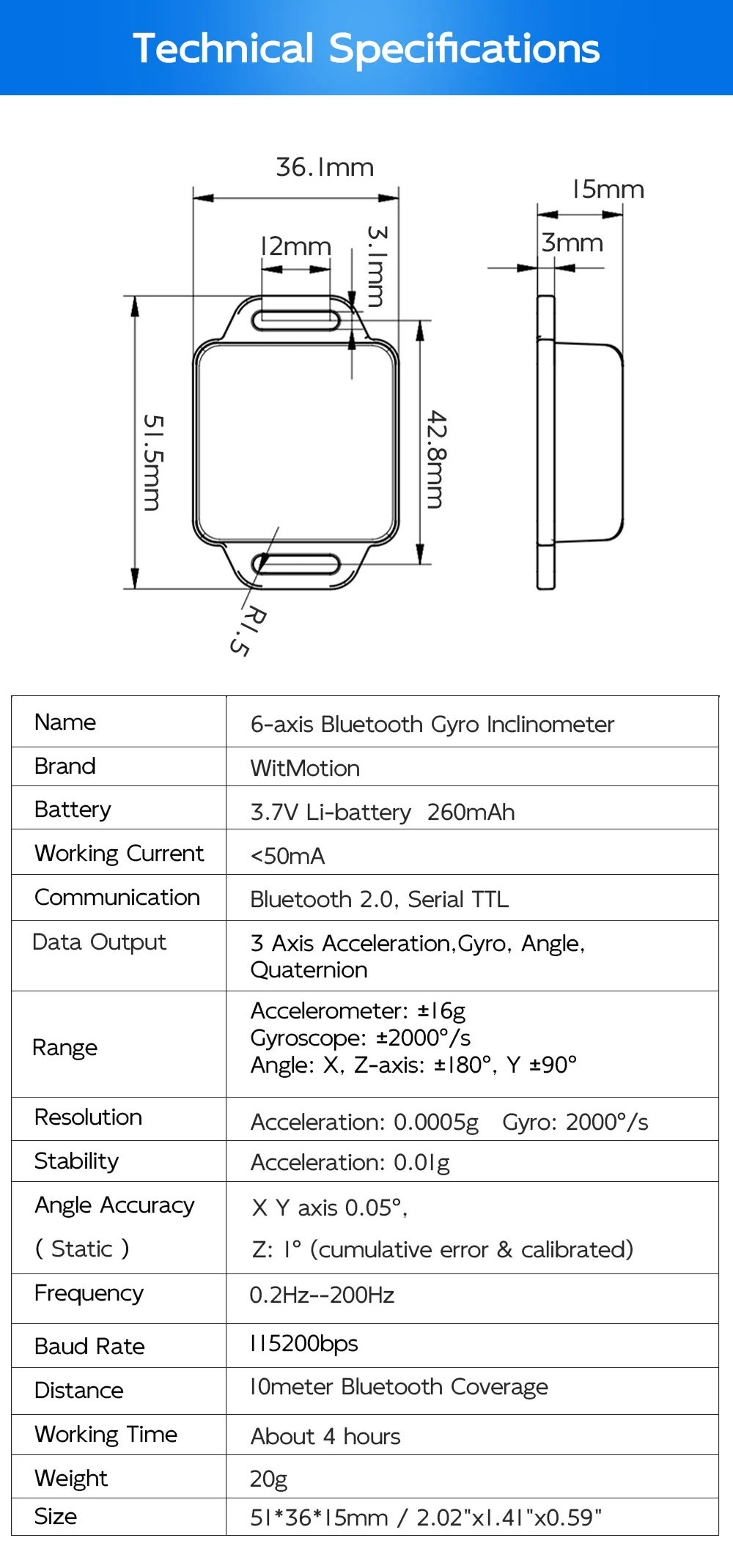 BWT61CL 블루투스 고정밀 6 축 자이로스코프, 각도 (X, Y 0.05 °), 칼만 필터 포함 가속도계, 100Hz 6DOF 데이터 로거