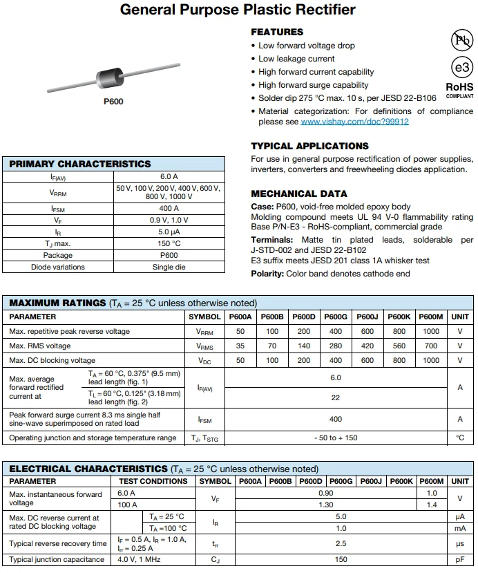 10PCS P600D P600G P600J P600K P600M P-600/R-6 P600M-E3/54 6A10 10A10 NEUE Axial Gleichrichter Diode – Detail 1