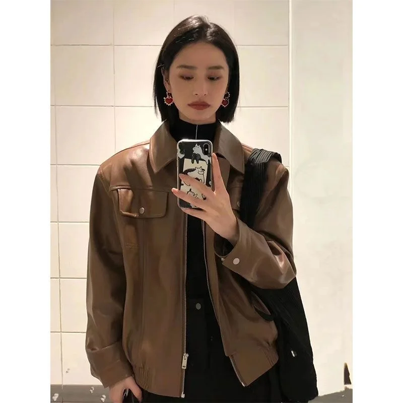 2023 Washed Leather Loose Jacket Faux Leather Women's Bomber Jacket  Motorcycle Style Jacket Vintage Gradient Zipper Short Jacket - AliExpress