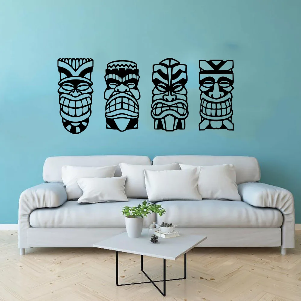 4Pcs Tiki Masks Wall Sticker Bedroom Bar Pub Art Wall Decal Bedroom Kitchen Home Decor