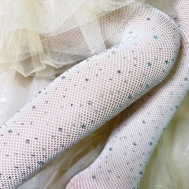 Kids Girls Fashion Fishnet Stockings Hollow Lace Rhinestone Glitter Pantyhose for Children Girl Summer Mesh Baby Hosiery