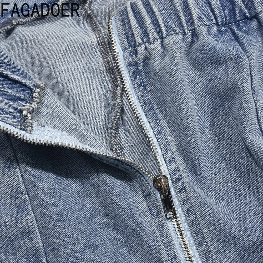 FAGADOER Fashion Street Style Women Hole Tassels Denim Strap Sleeveless Jumpsuits Spring Female Lace Up Straight Cowboy Playsuit