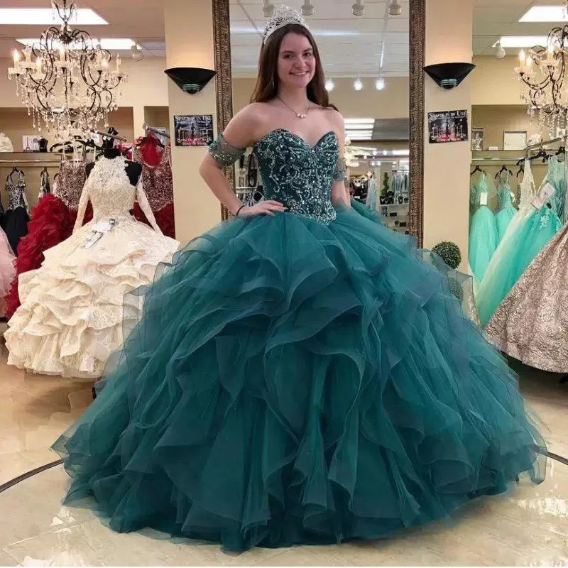 

ANGELSBRIDE Quinceanera Dresses Ball Gowns Green Sweetheart Crystal Tiered Ruffles Prom Gowns Girls Pageant Celebrity Dress