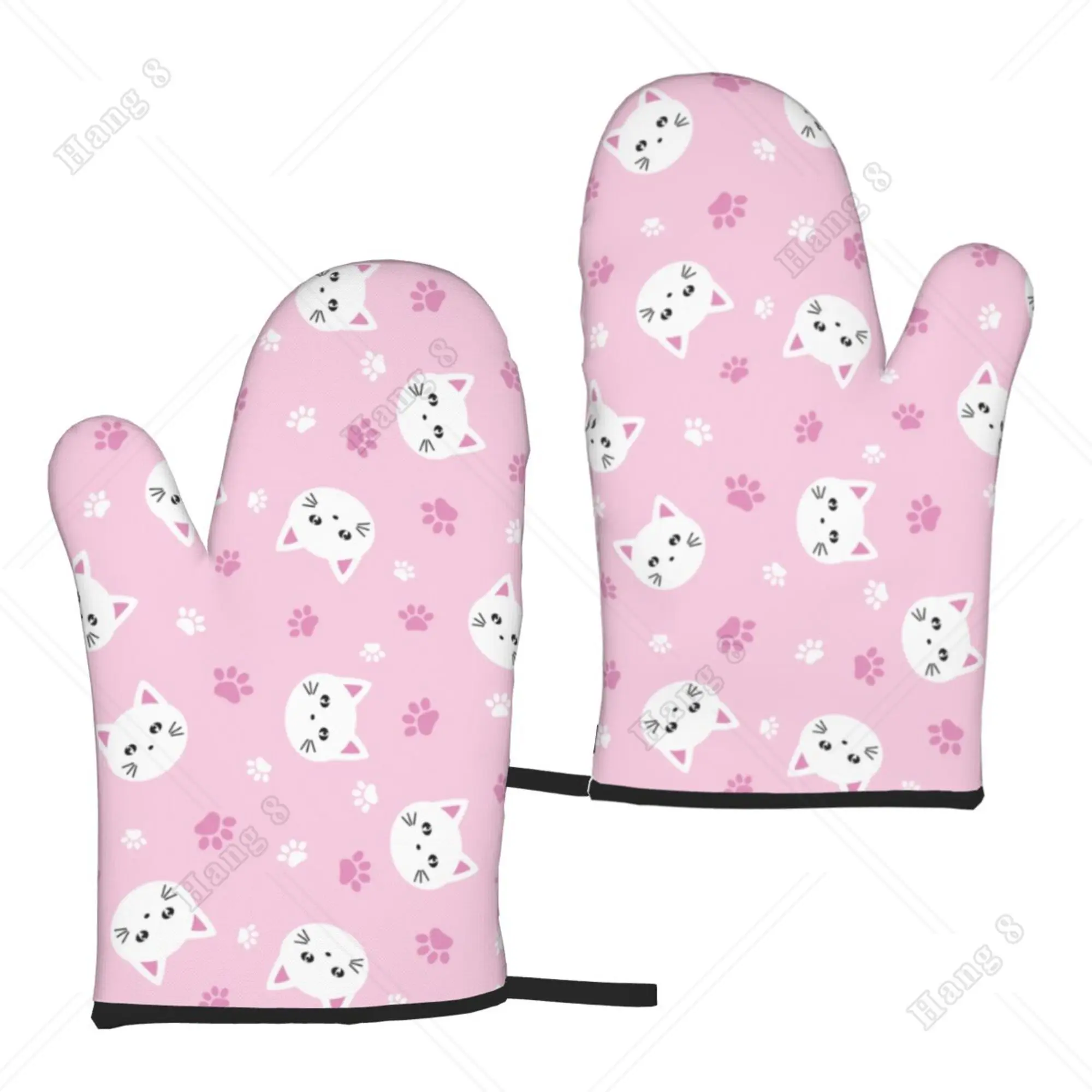 Pink Cat Cute Cartoon Oven Mitts Kitchen Gloves 2PC for Girls Women Heat Resistant Print Polyester Waterproof Cooking Baking