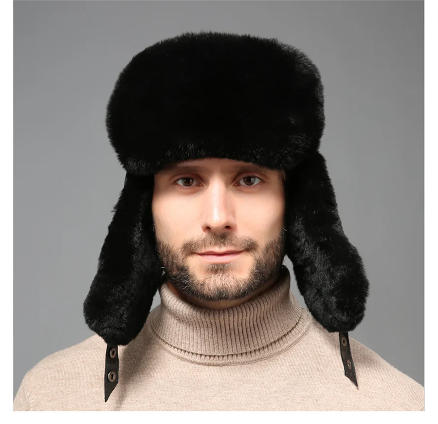 Bomber Hat Men Women Thick Warm Russian Ushanka Rex Rabbit Fur Hat Fashion Male Female Winter Sheepskin Earflap Ski Russian Cap