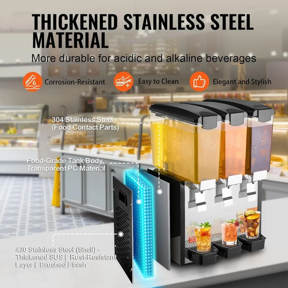 commercial beverage dispenser, 3 tanks 10 l / 10.6 qt per tank juice dispenser, 440w stainless steel ice tea drink machine with