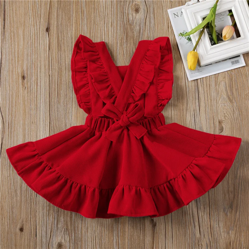 Blotona Baby Girls Solid Color Suspender Skirt Sleeveless Square Collar Large Hem High Waist Dress Ruffles