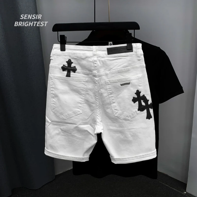 Denim Pants Denim Shorts Summer Jeans Shorts Summer Cotton Elastic Shorts Men's American Style Street Fashion Brand Embroidered White Denim Shorts Men And Women