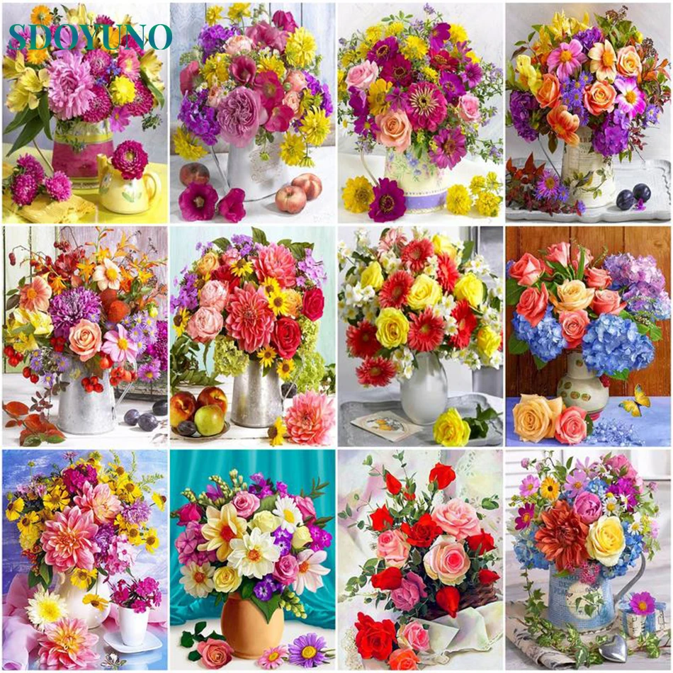 

SDOYUNO Frame Picture By Number Colorful Flower For Adults Handpainted DIY Oil Painting By Number Kits Home Decoration Wall Art