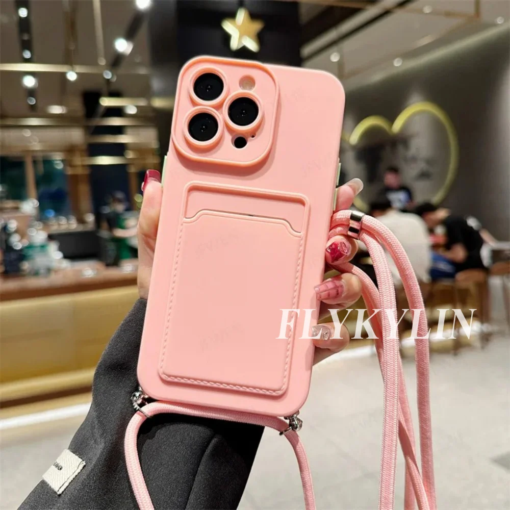 Flat Rope Solid Color Card Holder Phone Case with Soft Silicone and Hanging Rope Design
