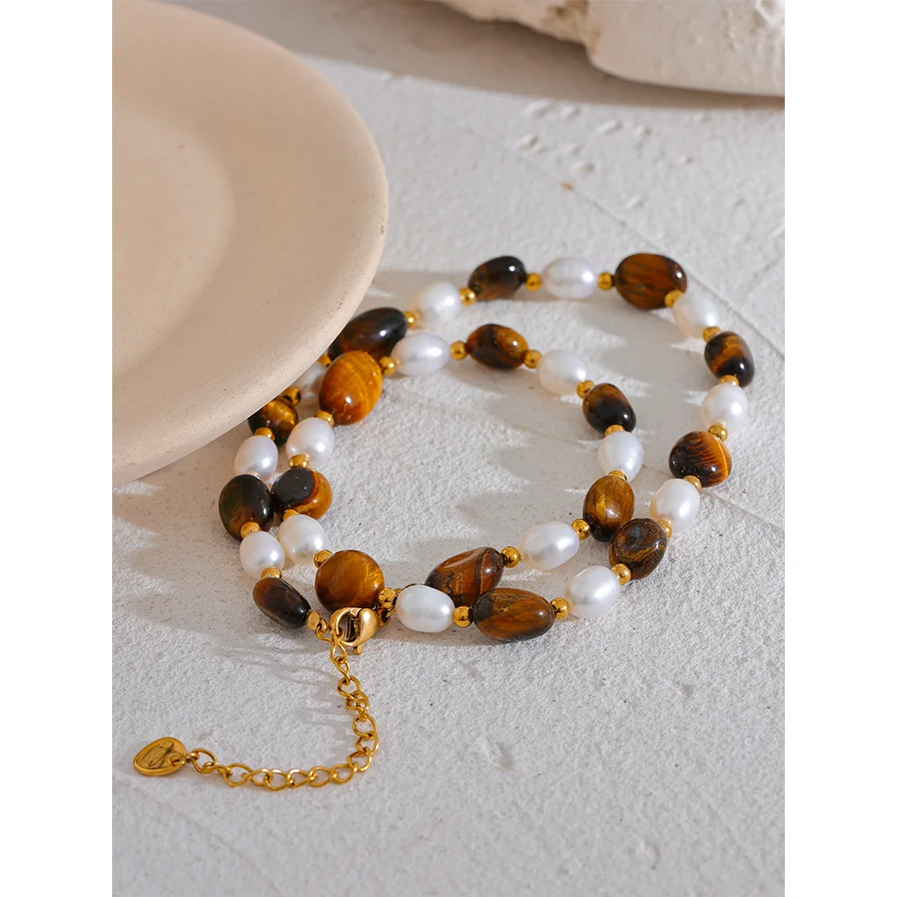 Collier Perles De Culture Et œil De Tigre - Fermoir Aimanté - Occasion - Bijou De Qualité