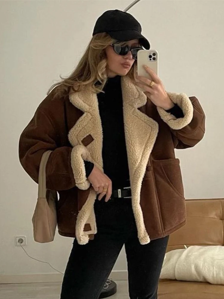 Vintage Faux Leather Warm Coat Thick Fluffy Splicing Big Lapel Coats Female Long Sleeve Outerwear Winter Lady Street Jackets 4