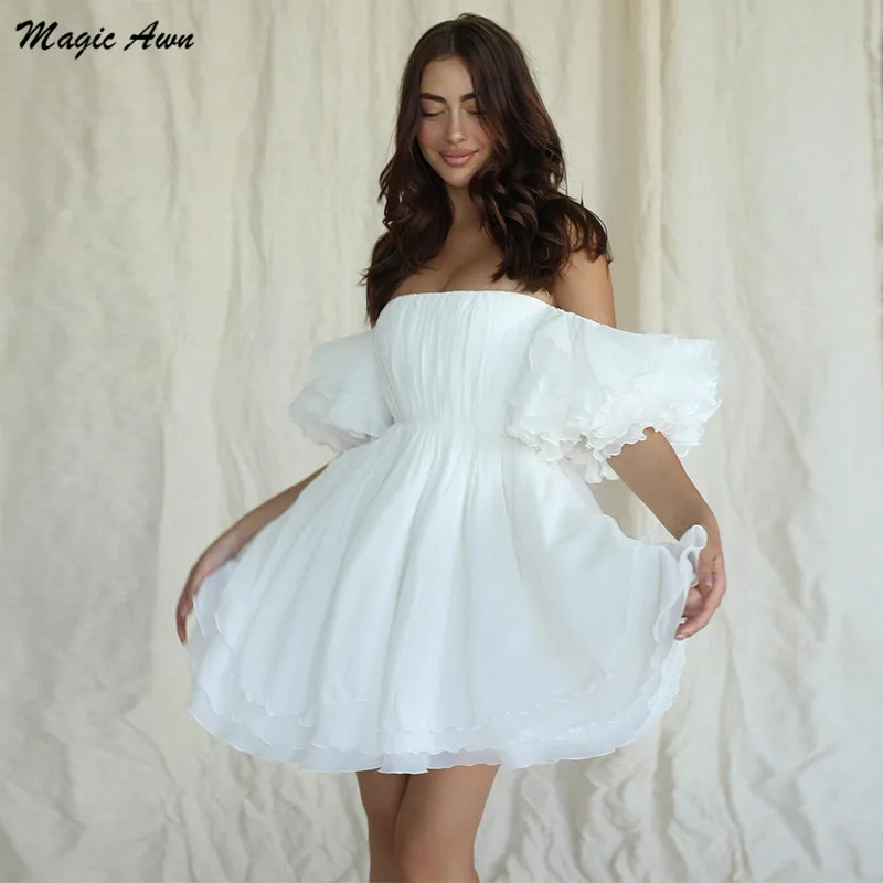 

Magic Awn Chiffon Short Wedding Dresses Tiered Puffy Off Shoudler Simple Boho Mini Wedding Party Gowns For Women Lace-Up Back