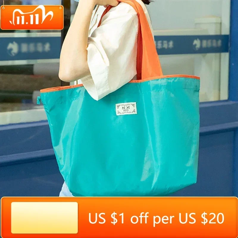 

Large Capacity Reusable Drawstring Bag Nylon Foldable Grocery Bag Collapsible Shopping Bag Eco Large Polyester Beach Bag Totes