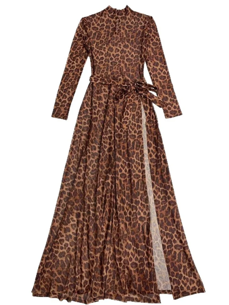 Wmstar Dress Wholesale Fashionable Wear Sexy Leopard Print Long Sleeved See Through High Slit Dresses with A Wide Hem 2025