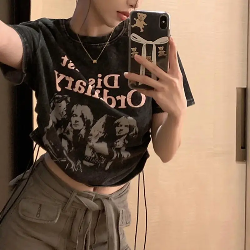 

Vintage Doctored Print Positive Shoulder Short Sleeve T-Shirt Female Summer Design Niche Drawstring Short Section Open Neck Tops