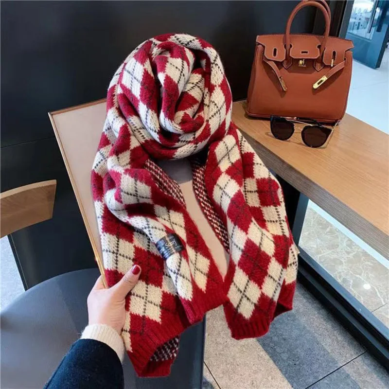 2023 Women's New Christmas Retro Diamond Scarf Plaid Thickened Knitted Faux Cashmere Shawl Scarfs Winter Ins Style