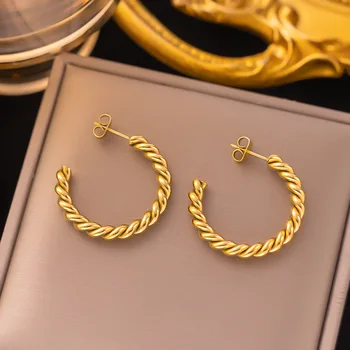 Stainless Steel Geometric Twist Hoop Earrings For Women Girls Gold Color Unusual Ear Studs Fashion Kpop Jewelry Wedding Gifts