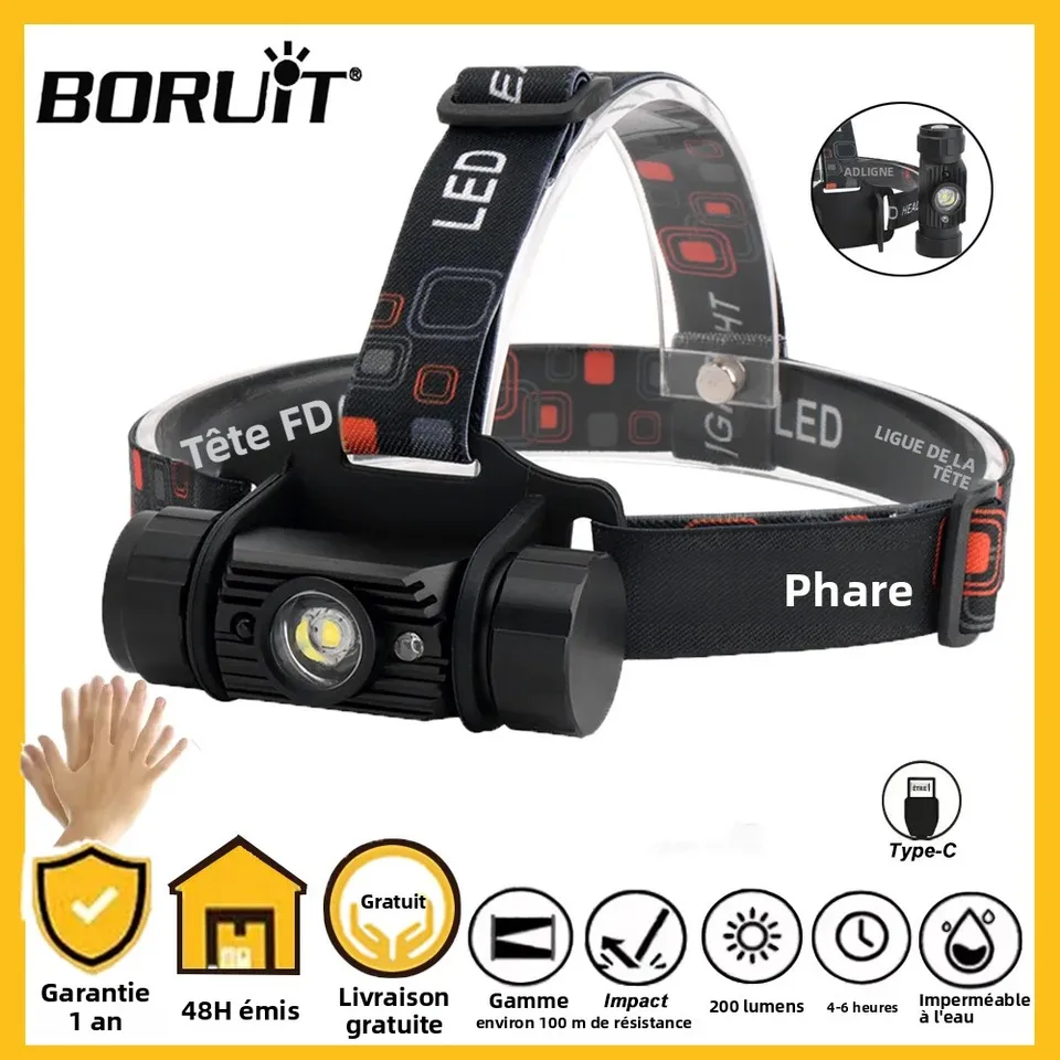 Boruit - lampe frontale portable puissante rechargeable par USB, 4 modes avec in