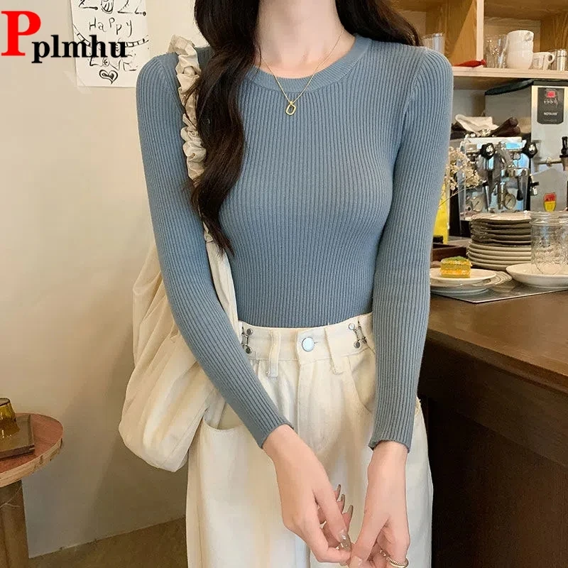 

Korean Casual Long Sleeve Knitted Jumper Candy Colors Spring Fall O Neck Sweater For Women Slim Soft Solid Bottomed Tops