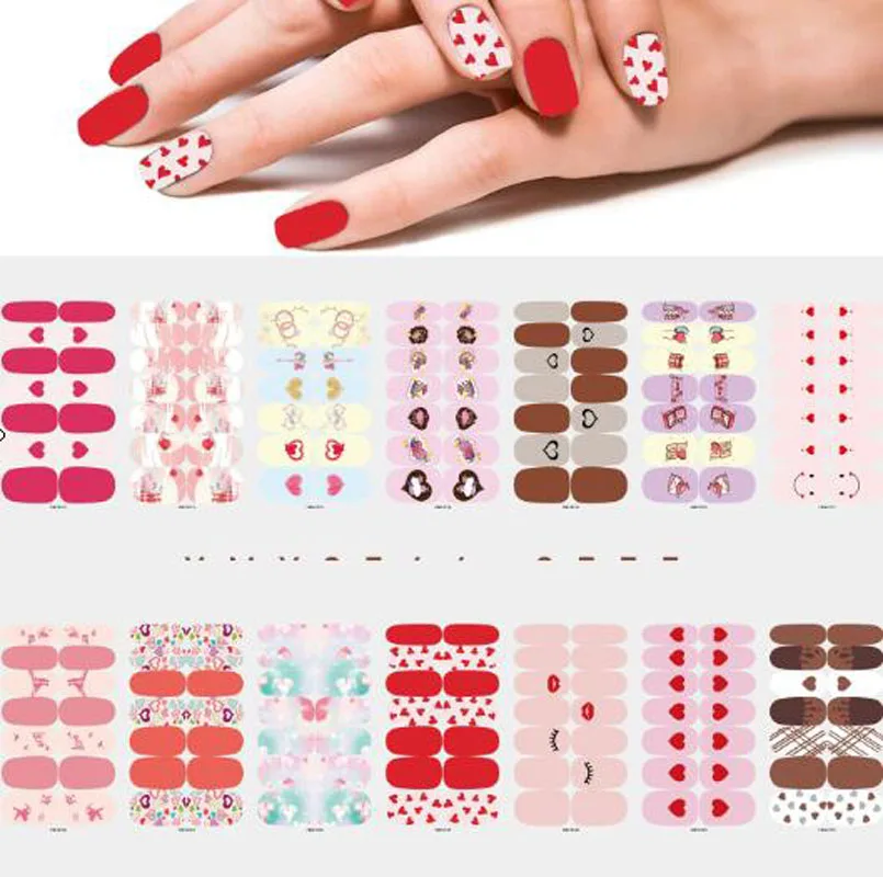 

Pink Valentine's Day Love Heart Nail Stickers Finished Adhesive Full Cover Nail Wraps Tips DIY Manicures Transfer Decals Decors