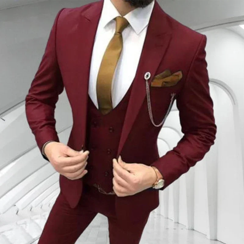 Burgundy Slim Fit Men Suits Casual Style Wedding Tuxedo for Groom 3 Piece Male Fashion Jacket with Pants Double Breasted Vest