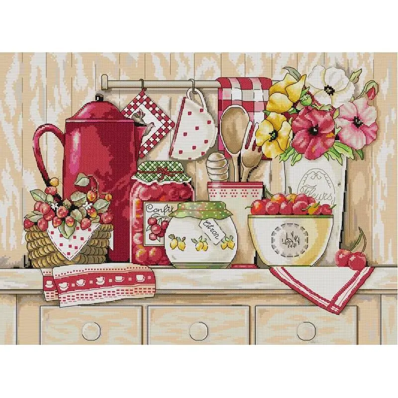 Still Life Pattern Cross Stitch Kits Warm Kitchen 14CT White 11CT 16CT Printed Fabric Needle and Thread DIY Hand Embroidery Set