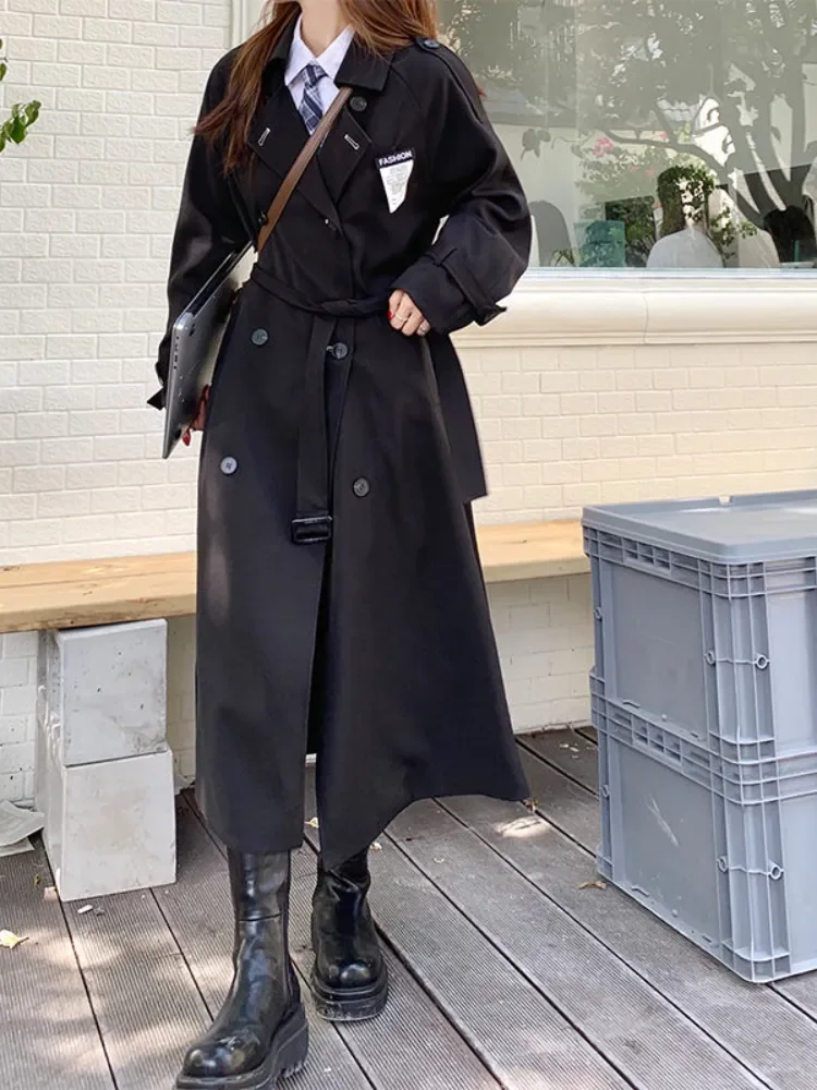 

Women's Black Windbreaker Coat Mid-length Female Elegant Spring Autumn Trench Coat Office Lady Fashion Long Coat Female