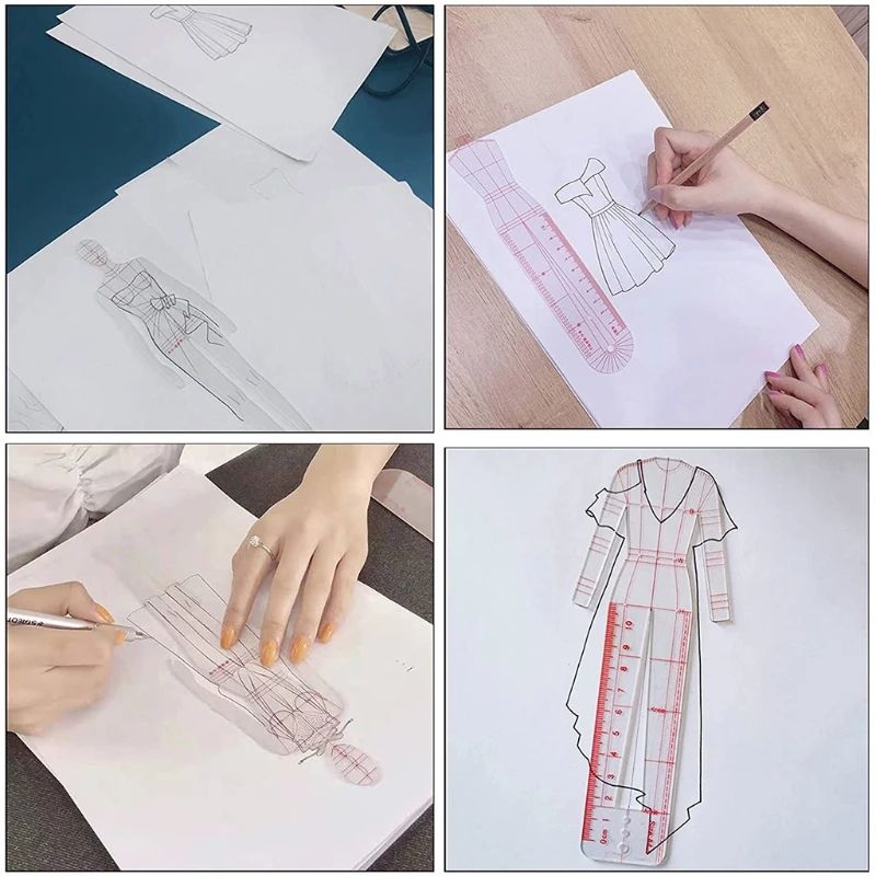 4 Pcs Mannequin Sewing Template Ruler Fashion Sketching Ruler for Dressmaking Tailoring Designing Drawing