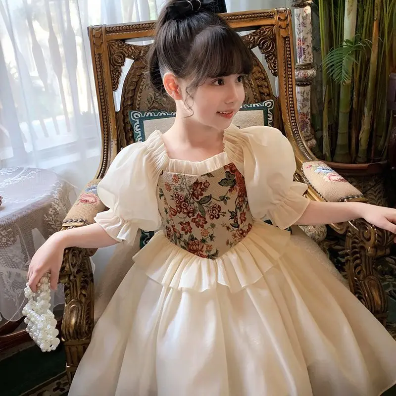 

Girls' Dress Spring/Summer 2023 New Children's Embroidery Mesh Red Skirt Little Girls' Fashionable Bubble Sleeves Princess Dress