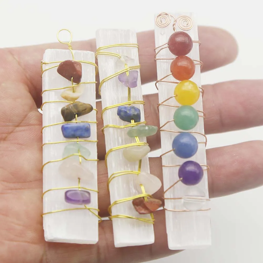 Natural Raw Stone Gypsum Winding 7Color Stone Pendant DIY Gypsum Long Strip Mineral Crystal Pendant Wholesale 6Pcs Free Shipping