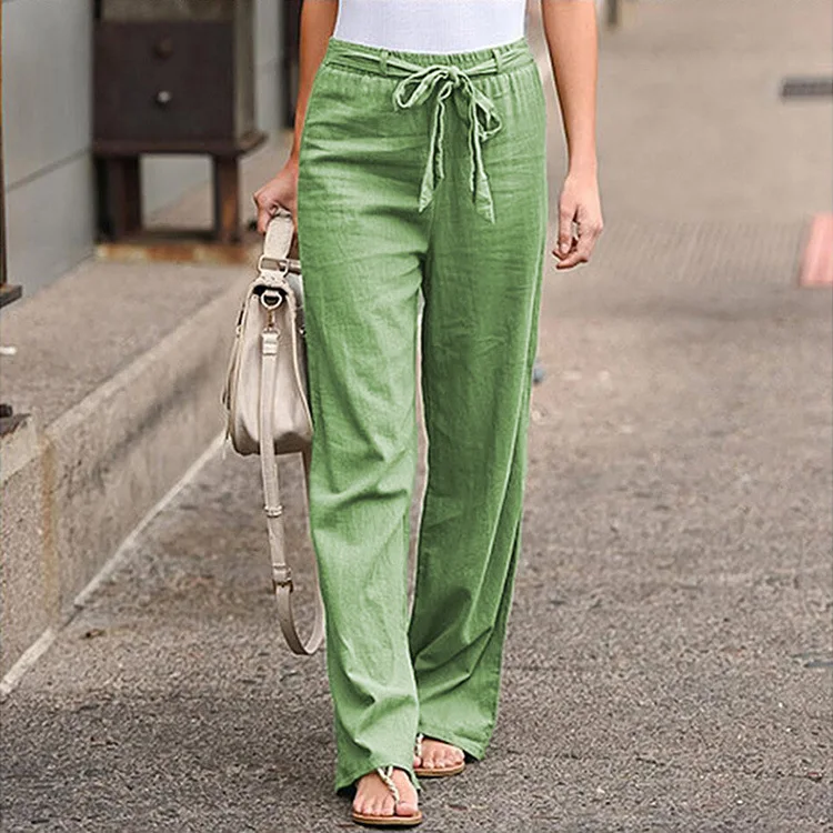 Summer New Women's Cotton Hemp Casual Wide Leg Pants Solid Color Elastic Waist Lacing Loose Pants