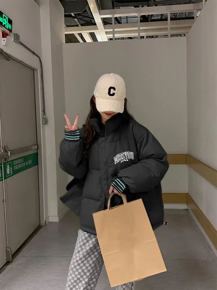 2023 Winter Clothes Women New Fashion Kpop Loose Cotton Coat Thickened Warm Letter Print Coat