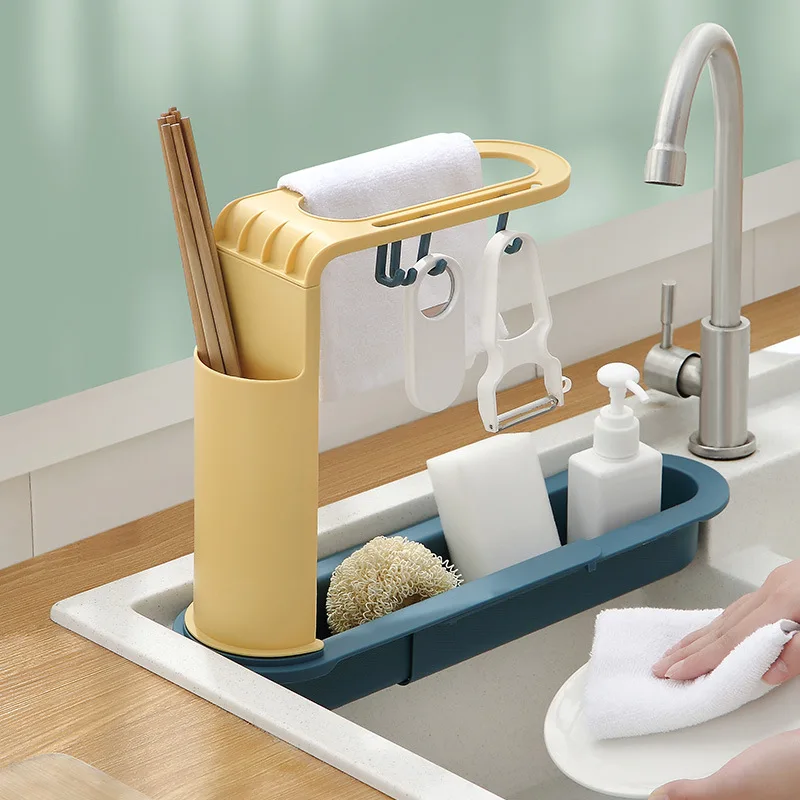 

Sink Telescopic Drain Rack Soap Sponge Storage Rag Hooks Holder Adjustable Shelf Kitchen Utensils Basket Organizer Dishwashing