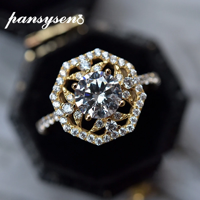 PANSYSEN 100% 925 Sterling Silver Round Simulated Moissanite Diamond Engagement Ring Wedding Bands 18K Gold Rings Fine Jewelry