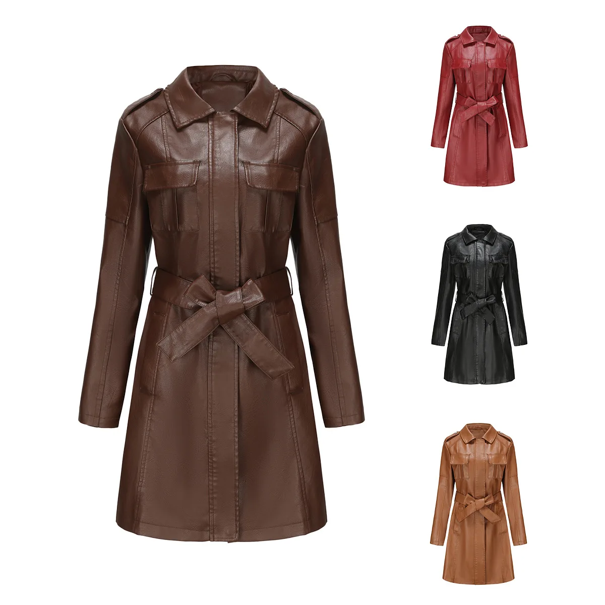 2023 new mid-length PU leather jacket with belt spring and autumn long sleeve leather trench coat fashion jacket women