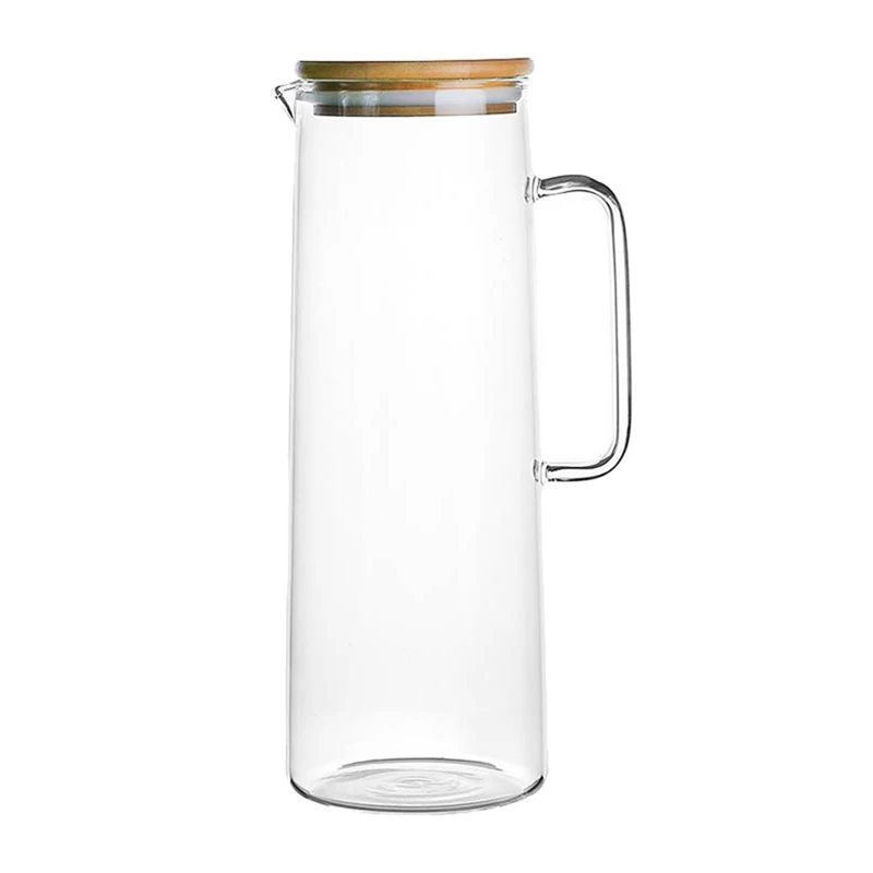 1.7l Glass Water Pitcher With Handle Bamboo Lid Heat Resistant Cold Hot