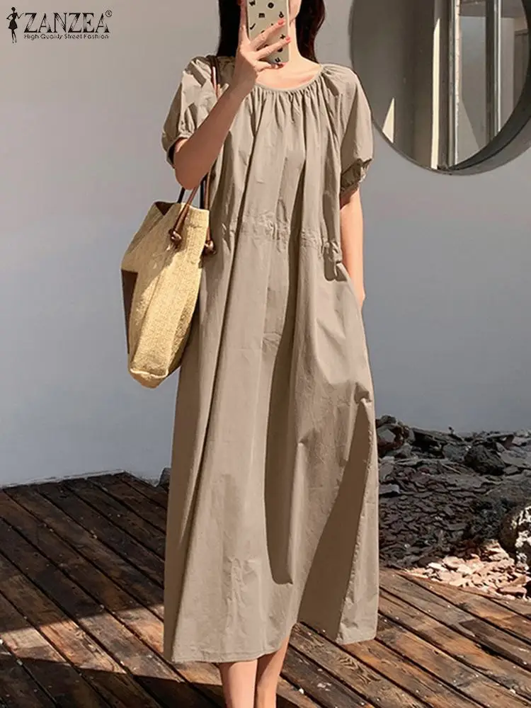 

ZANZEA Fashion Summer Solid Loose Holiday Sundress Women O Neck Short Sleeve Robe Femme Midi Dress Casual Party Vestido Kaftan