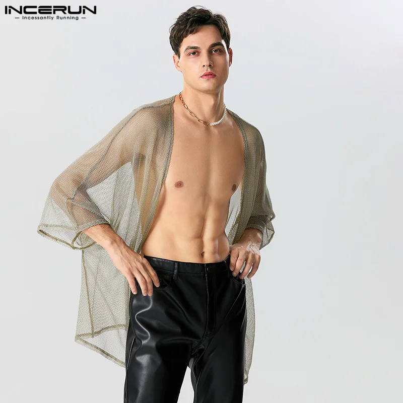 

INCERUN Tops 2023 American Style New Men Leisure See-through Thin Mesh Shirts Sexy Male Flash Fabric Long Sleeved Cardigan S-5XL