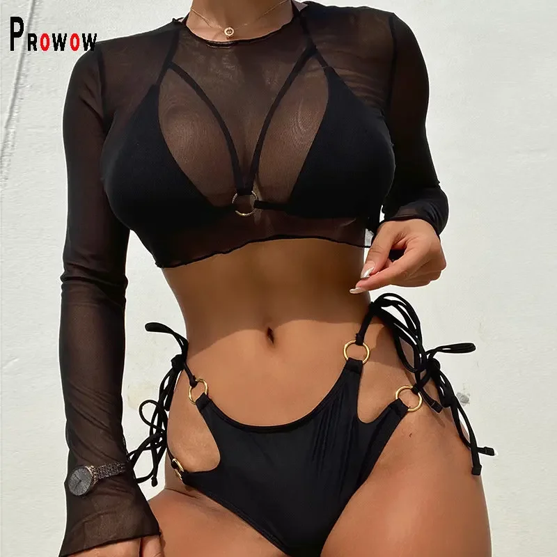 

Сексуальные женские черные купальники Prowow, комплект из двух частей с высокой талией, раздельные бикини, сетчатые накидки, Купальные пляжные наряды из трех предметов
