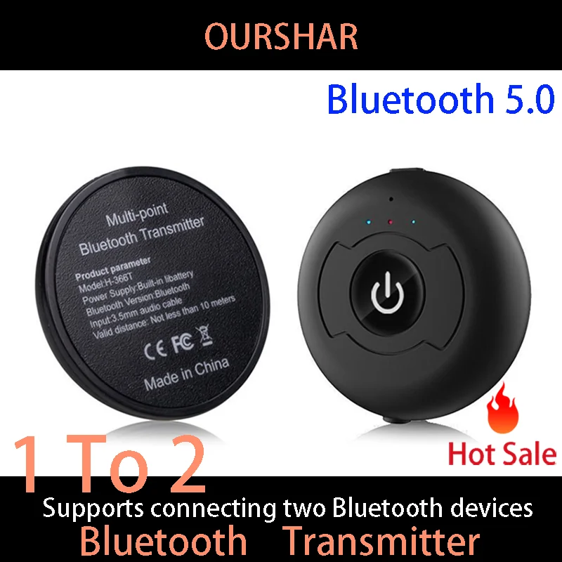 OURSHAR Multipoint Bluetooth Audio Transmitter Low Latency High-Fidelity Stereo Wireless Adapter Connect 2 Headphones 3.5 For TV