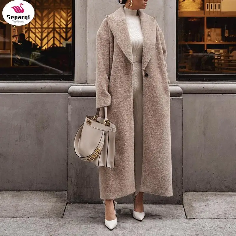 

SEPARQI 70% Sheep Wool 30% Cashmere French Coat, Languid And Elegant Commuting Thin Warm Mid-length Overcoat For Women