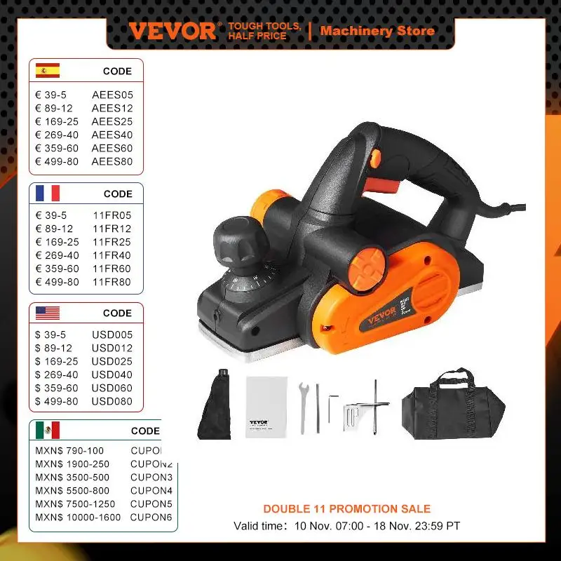 VEVOR Electric Hand Planer 3-1/4" width 16500 RPM for DIY Woodworking woodworking tools