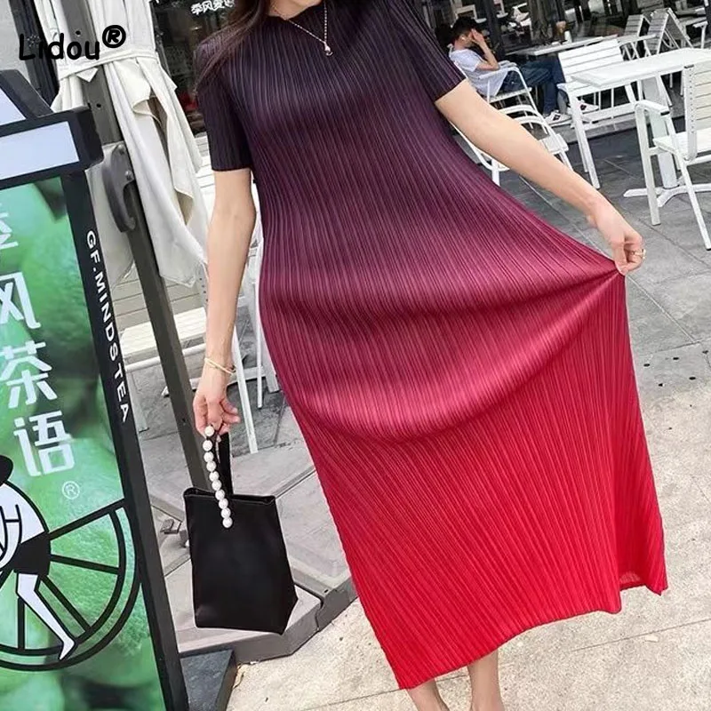

Female Round Neck Fashion Gradient Folds Dresses Summer New Women's Clothing Slim Vintage Short Sleeve Casual Printed Dress